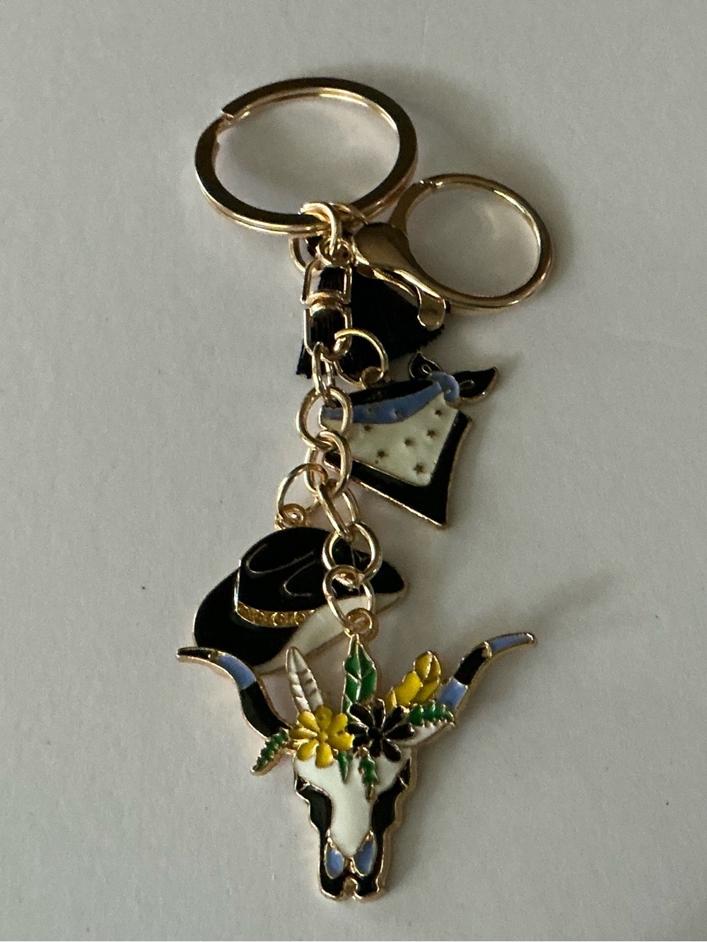 Gold-tone Western Skull Keychain with Floral Accent
